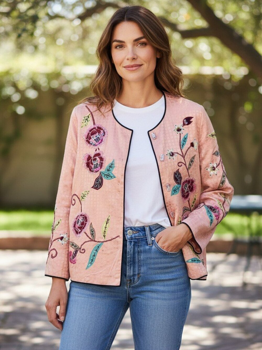 Vintage Alex Kim Womens Large Pink Flower Rhinestone Embroidered Button Jacket L